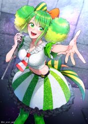 Rule 34 | 1girl, ann (one piece), arm up, bow, commentary request, cowboy shot, crop top, double bun, freckles, frilled shirt, frilled skirt, frills, from above, green eyes, green hair, green pantyhose, green skirt, hair bow, hair bun, hand up, highres, holding, holding microphone, microphone, multicolored hair, nakumonaga uma, necktie, one piece, one piece: stampede, open mouth, pantyhose, reaching, reaching towards viewer, shirt, sidelocks, skirt, smile, solo, striped clothes, striped skirt, twitter username, two-tone hair, two-tone skirt, vertical-striped clothes, vertical-striped skirt, vintage microphone, white skirt