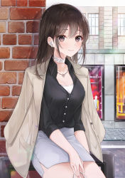 Rule 34 | 1girl, absurdres, bag, black shirt, blush, breasts, brick wall, brown eyes, brown hair, casual, choker, cleavage, coat, collarbone, commentary request, earphones, feet out of frame, handbag, highres, jewelry, lebring, looking at viewer, medium breasts, medium hair, nail polish, necklace, original, pencil skirt, pink nails, shirt, skirt, smile, thighs