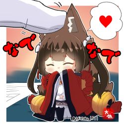 Rule 34 | 1boy, 1girl, ^ ^, amagi-chan (azur lane), animal ears, azur lane, bell, black pantyhose, blunt bangs, blush, brown hair, closed eyes, commander (azur lane), commentary request, covering own mouth, desk, eyeshadow, fox ears, fox girl, fox tail, full body, gloves, hair between eyes, hair ornament, headpat, heart, japanese clothes, kimono, kitsune, kyuubi, long hair, long sleeves, looking at viewer, makeup, mini person, minigirl, multiple tails, off shoulder, out of frame, pantyhose, paper, rope, shimenawa, sidelocks, signature, simple background, solo, spoken heart, standing, tail, taisa (kari), translation request, twintails, twitter username, white gloves, wide sleeves