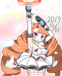 Rule 34 | 1girl, aq interactive, arcana heart, arcana heart 2, arcana heart 3, armpits, artist request, bare shoulders, blush, breasts, cleavage, dated, dress, drill hair, earrings, energy canister, examu, flower, frills, gun, handgun, jewelry, large breasts, long hair, looking at viewer, open mouth, pendant, petra johanna lagerkvist, pistol, purple eyes, rose, very long hair, weapon, white dress, white flower, white rose