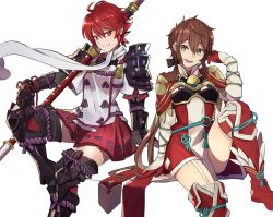 Rule 34 | 2girls, armor, black footwear, black hair, blush, boots, circlet, cosplay, costume switch, ebinku, elbow sleeve, fire emblem, fire emblem fates, highres, hinoka (fire emblem), hinoka (fire emblem) (cosplay), long hair, looking at viewer, lora (xenoblade), lora (xenoblade 2), lora (xenoblade 2) (cosplay), multiple girls, nintendo, parted bangs, parted lips, pauldrons, pegasus knight uniform (fire emblem), pleated skirt, red eyes, red footwear, red hair, red legwear, short hair, shoulder armor, simple background, skirt, smile, teeth, thigh boots, thighhighs, thighs, upper teeth only, white background, xenoblade chronicles (series), xenoblade chronicles 2, xenoblade chronicles 2: torna - the golden country, yellow eyes, zettai ryouiki