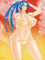 Rule 34 | 1girl, absurdres, annimeone7, areola slip, arm up, artist name, bikini, blue hair, blue theme, breasts, cameltoe, cloud, contrapposto, cowboy shot, facial mark, forehead mark, from below, hand on own head, high ponytail, highres, huge breasts, long hair, looking away, mature female, micro bikini, navel, original, outdoors, parted bangs, parted lips, ponytail, self-upload, shiny skin, skindentation, sky, solo, standing, sunset, swimsuit, tattoo, very long hair, wind, yellow bikini, yellow eyes