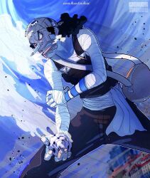 Rule 34 | 1boy, artist name, bandage on face, bandaged arm, bandaged chest, bandaged hand, bandaged neck, bandaged wrist, bandages, bandana, black hair, clenched teeth, commentary, curly hair, goggles, goggles on headwear, highres, holding, holding weapon, long nose, male focus, one piece, outdoors, solo, taku (aywakutakuay), teeth, usopp, weapon