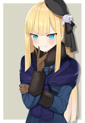Rule 34 | 1girl, absurdres, bad id, bad pixiv id, blonde hair, blue eyes, blush, brown background, brown gloves, choco tanuki, commentary request, fate/grand order, fate (series), flower, gloves, grin, hair flower, hair ornament, hat, highres, long hair, long sleeves, looking at viewer, lord el-melloi ii case files, outside border, reines el-melloi archisorte, sharp teeth, simple background, smile, solo, teeth, v-shaped eyebrows, white flower