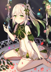 Rule 34 | 1girl, absurdres, barefoot, bloomers, blurry, blush, cage, commentary request, depth of field, dress, genshin impact, gradient hair, green eyes, h-alice, hair between eyes, hair ornament, highres, long hair, looking at viewer, multicolored hair, nahida (genshin impact), petals, pointy ears, short sleeves, side ponytail, sidelocks, sitting, smile, solo, underwear, wariza, white dress, white hair