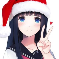 Rule 34 | 1girl, black hair, blue eyes, blush, caidychen, closed mouth, collarbone, commentary, fingernails, hat, heart, long hair, looking at viewer, neckerchief, original, red hat, red neckerchief, santa hat, school uniform, serafuku, simple background, smile, solo, upper body, v, white background