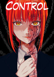 Rule 34 | 1girl, absurdres, black background, black jacket, black necktie, chain, chainsaw man, collared shirt, enkyo, hand up, highres, jacket, long hair, looking at viewer, makima (chainsaw man), necktie, portrait, red hair, shirt, solo, white shirt, yellow eyes