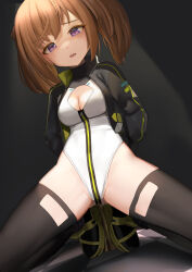 Rule 34 | 1girl, absurdres, alice gear aegis, arms behind back, black jacket, black thighhighs, booth babe, breasts, brown hair, cleavage cutout, clothing cutout, companion/af, cropped jacket, front zipper, highleg, highleg leotard, highres, jacket, kimikage yui, kneeling, leotard, looking at viewer, medium breasts, purple eyes, race queen, solo, sunga2usagi, thighhighs, twintails, white leotard, zipper leotard