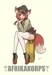 Rule 34 | animal ears, blue eyes, boots, braid, copyright request, cross-laced footwear, fox ears, fox tail, german army, german text, goggles, goggles on headwear, hand on own face, hat, highres, jerry can, lace-up boots, leaning forward, looking to the side, mg g, peaked cap, red hair, single braid, sitting, sitting on object, tail, thighhighs, world war ii