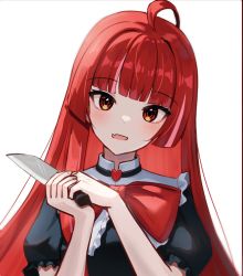 Rule 34 | 1girl, :d, black dress, blush, corniecorny, dress, fang, highres, holding, holding knife, hololive, hololive indonesia, knife, kureiji ollie, long hair, looking at viewer, olivia (kureiji ollie), open mouth, red eyes, red hair, skin fang, smile, virtual youtuber