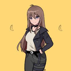 Rule 34 | 1girl, absurdres, atelier live, banana, black jacket, blue eyes, breasts, brown hair, clenched hand, cowlick, ear piercing, food, fruit, green pants, hand on own hip, highres, jacket, kato yuurina, leather, leather jacket, long hair, looking at viewer, medium breasts, nanatsuki nana, pants, piercing, smile, solo, thigh strap, very long hair, virtual youtuber, yellow background