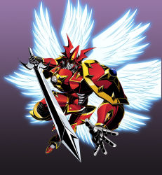 Rule 34 | 1boy, angel wings, armor, bandai, cape, digimon, digimon (creature), digimon jintrix, digital hazard, dukemon, dukemon crimson mode, full armor, full body, glowing, glowing eyes, highres, holding, holding sword, holding weapon, knight, lance, monster, multiple wings, neon lights, no humans, official art, pauldrons, polearm, red eyes, sharp teeth, shield, shoulder armor, simple background, solo, sword, teeth, weapon, wings, yellow eyes