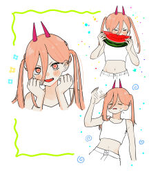 Rule 34 | &gt; &lt;, + +, 1girl, absurdres, breasts, chainsaw man, commentary request, crop top, eating, fang, food, fruit, gurukousu, hair between eyes, highres, horns, hot, midriff, navel, pink eyes, pink hair, power (chainsaw man), red horns, small breasts, sweat, tank top, twintails, watermelon, white tank top