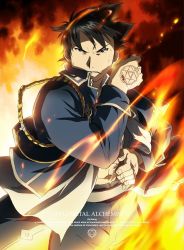Rule 34 | 00s, 1boy, black hair, cover, dvd cover, english text, fire, fullmetal alchemist, highres, jpeg artifacts, male focus, roy mustang, short hair, solo