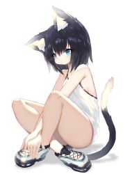 Rule 34 | 1girl, animal ear fluff, animal ears, black hair, blue eyes, blush, breasts, camisole, cat ears, cat tail, closed mouth, full body, hair between eyes, highres, indian style, mamuru, original, shoes, sideboob, sidelocks, simple background, sitting, small breasts, sneakers, solo, tail, white background