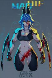 Rule 34 | 1girl, black bow, blade, blood, blood censor, blood on face, blue hair, bottomless, bow, breasts, cameltoe, cleavage, cyberpunk, cyberpunk (series), cyberpunk 2077, cyborg, highres, large breasts, liren44, long hair, looking at viewer, mechanical arms, muscular, muscular female, navel, original, smile, yellow eyes