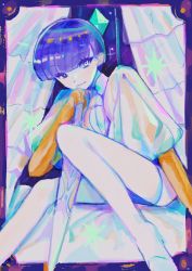 Rule 34 | 1other, androgynous, blue eyes, blue hair, blunt bangs, border, colored eyelashes, crystal, curtains, gem, golden arms, heterochromia, highres, houseki no kuni, looking at viewer, phosphophyllite, phosphophyllite (ll), short hair, sitting, smile, solo, spoilers, sword, weapon, white eyes