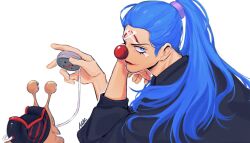 Rule 34 | 1boy, black jacket, blue eyes, blue hair, bright pupils, buggy the clown, clown, clown nose, den den mushi, facial hair, facial tattoo, goatee stubble, highres, holding, holding phone, jacket, long hair, male focus, one piece, parted lips, phone, ponytail, purple scrunchie, red lips, red nose, scrunchie, signature, simple background, solo, stubble, tattoo, upper body, vamos mk, white background, white pupils