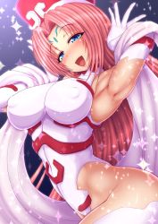 Rule 34 | 1girl, armpits, bare shoulders, blue eyes, blush, breasts, covered erect nipples, elbow gloves, facial mark, gloves, hat, highleg, highres, houshin engi, large breasts, leotard, long hair, open mouth, pink hair, ponponmaru, smile, so dakki, solo, thighhighs, very long hair, white thighhighs