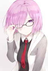 Rule 34 | 1girl, adjusting eyewear, black-framed eyewear, black dress, breasts, closed mouth, collared shirt, dress, fate/grand order, fate (series), glasses, hair over one eye, hood, hoodie, light smile, looking at viewer, mash kyrielight, medium breasts, necktie, open clothes, open hoodie, purple eyes, purple hair, red necktie, sagoshi, shirt, short hair, simple background, smile, solo, upper body, white background, white shirt, wing collar
