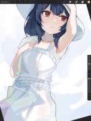 Rule 34 | 1girl, arm up, armpits, blue hair, blush, breasts, collarbone, dress, hat, idolmaster, idolmaster shiny colors, looking to the side, misekai 555, morino rinze, open mouth, parted lips, red eyes, short hair, short sleeves, small breasts, solo, sun hat, white dress, white hat