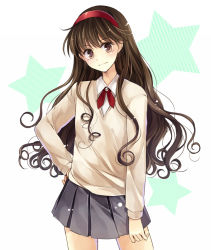 Rule 34 | 1girl, brown eyes, brown hair, copyright request, hagiwara rin, hairband, hand on own hip, hip focus, long hair, looking at viewer, school uniform, skirt, smile, solo, star (symbol)