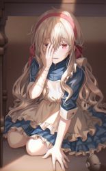 Rule 34 | 1girl, absurdres, apron, bandaged arm, bandages, blonde hair, blue shirt, blue skirt, blush, commentary request, covering one eye, dress, frilled apron, frilled dress, frills, full body, hair between eyes, hair ribbon, hairband, highres, huge filesize, kagerou project, kozakura marry, layered dress, long hair, looking at viewer, lower teeth only, maid, maid apron, open mouth, red eyes, red hairband, red ribbon, ribbon, scared, seiza, shadow, shirt, short sleeves, sidelocks, sitting, skirt, sleeves rolled up, solo, teeth, tokkyu, under table, white apron