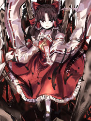 Rule 34 | 1girl, ascot, between fingers, black footwear, bow, brown eyes, brown hair, detached sleeves, frilled bow, frilled shirt collar, frilled skirt, frills, hair bow, hakurei reimu, highres, holding, looking at viewer, mary janes, medium hair, open mouth, red bow, red ribbon, red shirt, red skirt, ribbon, ribbon-trimmed sleeves, ribbon trim, shirt, shoes, skirt, solo, sutaku77224, touhou, wide sleeves, yellow ascot