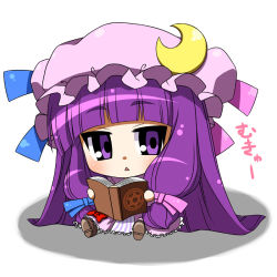 Rule 34 | 1girl, book, bow, chibi, crescent, crescent hair ornament, hair bow, hair ornament, hat, hat bow, long hair, moyashi (m-planter), patchouli knowledge, purple eyes, solo, touhou, triangle mouth, very long hair