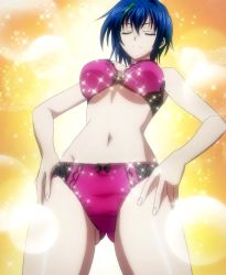 Rule 34 | 10s, 1girl, blue hair, bra, breasts, closed eyes, female focus, gradient background, high school dxd, highres, large breasts, panties, short hair, smile, solo, sparkle, standing, stitched, third-party edit, underwear, xenovia quarta
