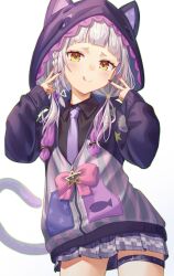 1girl :q animal_ears animal_hood blunt_bangs blush boku_no_edamame braid cat_tail closed_mouth cowboy_shot highres hololive hood hood_up hooded_jacket hoodie jacket long_hair long_sleeves looking_at_viewer murasaki_shion murasaki_shion_(school_uniform) necktie official_alternate_costume pleated_skirt purple_hoodie shirt simple_background skirt sleeves_past_wrists smile solo tail thigh_strap tongue tongue_out twintails virtual_youtuber white_background white_hair