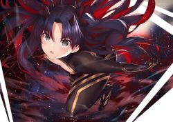 Rule 34 | 1girl, :o, black bodysuit, black bow, black eyes, black gloves, black hair, blush, bodysuit, bow, cleavage cutout, clothing cutout, commentary request, fate/grand order, fate (series), flat chest, from above, full body, gloves, hair bow, highres, horns, ishtar (fate), long hair, looking at viewer, looking up, multicolored hair, open mouth, parted bangs, red hair, reuri (tjux4555), solo, space, space ishtar (fate), space ishtar (first ascension) (fate), two-tone hair, two side up, v arms, very long hair