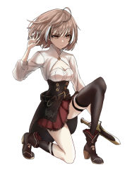 Rule 34 | 1girl, ahoge, ankle boots, asymmetrical legwear, belt, bob cut, boots, brown corset, brown eyes, brown hair, cleavage cutout, clothing cutout, corset, dagger, hand up, highres, hololive, hololive english, knee strap, kneehighs, kneeling, knife, macartura08, multicolored hair, nanashi mumei, on one knee, pleated skirt, red skirt, shirt, short hair, single kneehigh, single sock, single thighhigh, skirt, socks, streaked hair, thigh strap, thighhighs, virtual youtuber, weapon, white shirt