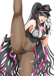 Rule 34 | 1girl, axe kick, bikini, black bikini, black gloves, black hair, black hat, black pantyhose, black shirt, breasts, fate/grand order, fate (series), fingerless gloves, gloves, hat, hiromon, holding, holding whip, large breasts, leg up, long hair, looking at viewer, multicolored hair, neckerchief, open mouth, pantyhose, peaked cap, ponytail, purple hair, purple neckerchief, sessyoin kiara, sessyoin kiara (swimsuit mooncancer), sessyoin kiara (swimsuit mooncancer) (second ascension), shirt, simple background, smile, solo, split, standing, standing on one leg, standing split, streaked hair, string bikini, swimsuit, very long hair, white background, yellow eyes