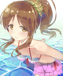 Rule 34 | 1girl, absurdres, arms behind back, bare shoulders, bikini, bikini skirt, blush, breasts, brown eyes, brown hair, commentary request, downblouse, flower, front-tie top, hair bun, hair flower, hair ornament, hair over breasts, hair over one breast, highres, idolmaster, idolmaster cinderella girls, leaning forward, long hair, looking at viewer, oversized clothes, parted bangs, pink bikini, ponytail, seneto, single hair bun, small breasts, solo, swimsuit, takamori aiko