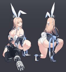 Rule 34 | 1girl, absurdres, alternate costume, animal ears, ass, black background, black gloves, black jacket, black socks, blue fire, bow, bowtie, breasts, brown hair, cleavage, closed mouth, commentary, detached collar, emma (nikke), fake animal ears, fake tail, fire, firing, fishnet thighhighs, fishnets, full body, garter straps, gloves, goddess of victory: nikke, groin, gun, half gloves, half updo, high heels, highleg, highleg leotard, highres, holding, holding gun, holding weapon, huge breasts, jacket, leotard, long hair, machine gun, madaeng, off shoulder, on one knee, open clothes, open jacket, playboy bunny, rabbit ears, rabbit tail, see-through, simple background, single bare shoulder, single thighhigh, skindentation, socks, squatting, striped bow, striped bowtie, striped clothes, tail, thighhighs, weapon, white leotard, yellow eyes