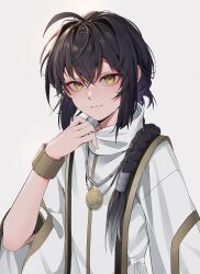 Rule 34 | 1other, absurdres, androgynous, axescr, black hair, braid, fate (series), highres, looking at viewer, medium hair, simple background, solo, yamato takeru (fate), yellow eyes