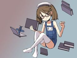 Rule 34 | 1girl, aircraft, airplane, bespectacled, book, cosplay, glasses, gradient background, hair tie, hat, i-8 (kancolle), i-8 (kancolle) (cosplay), kantai collection, one-piece swimsuit, ryuujou (kancolle), sailor hat, school swimsuit, sixten, smile, solo, swimsuit, thighhighs, twintails