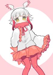 Rule 34 | 1girl, bird tail, blush, commission, covered mouth, feet out of frame, frilled sleeves, frills, fur collar, grey hair, grey wings, head wings, highres, jacket, japanese crested ibis (kemono friends), kemono friends, kibisake, knees together feet apart, long sleeves, looking at viewer, multicolored hair, neck ribbon, pantyhose, pink background, pleated skirt, red hair, red pantyhose, red ribbon, red skirt, ribbon, skeb commission, skirt, sleeves past fingers, sleeves past wrists, solo, standing, tail, two-tone background, two-tone hair, white background, white jacket, wide sleeves, wings, yellow eyes