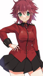 Rule 34 | 1girl, black skirt, blaze (blazeillust), closed mouth, commentary, cowboy shot, cranberry (girls und panzer), eyeliner, girls und panzer, green eyes, hand on own hip, highres, jacket, long sleeves, looking at viewer, makeup, messy hair, military uniform, miniskirt, pleated skirt, red hair, red jacket, short hair, simple background, skirt, smile, solo, st. gloriana&#039;s military uniform, standing, uniform, white background