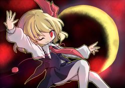 Rule 34 | 1girl, ;), aratami isse, blonde hair, blouse, crescent moon, full moon, hair ribbon, hand up, moon, one eye closed, red eyes, ribbon, rumia, shirt, skirt, smile, touhou, vest, wink