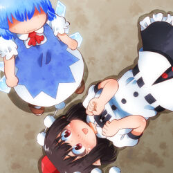 Rule 34 | 2girls, :d, arms at sides, ascot, black bow, black bowtie, black hair, black skirt, blouse, blue dress, blue hair, blush, body blush, bow, bowtie, brown footwear, cirno, clenched hands, closed mouth, collared shirt, day, dress, dutch angle, female pervert, frills, from above, full-face blush, furrowed brow, hands up, hat, ice, ice wings, implied pantyshot, legs apart, lying, matty (zuwzi), multiple girls, on back, on ground, open mouth, outdoors, pervert, pinafore dress, pointy ears, pom pom (clothes), puffy short sleeves, puffy sleeves, red ascot, red eyes, red headwear, ribbon-trimmed clothes, ribbon-trimmed shirt, ribbon trim, shaded face, shadow, shameimaru aya, shiny skin, shirt, shoes, short hair, short sleeves, skirt, sleeveless dress, smile, standing, sunlight, sweat, nervous sweating, tareme, tokin hat, touhou, w arms, wavy mouth, white shirt, wing collar, wings, yuri