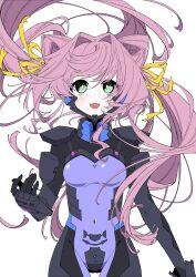 Rule 34 | 1girl, armored bodysuit, black bodysuit, bodysuit, covered navel, fortified suit, green eyes, hair ears, hair intakes, hair ribbon, highres, impossible bodysuit, impossible clothes, kamon rider, long hair, muv-luv, muv-luv alternative, pilot suit, pink hair, purple bodysuit, ribbon, science fiction, skin tight, smile, solo, tamase miki, twintails, very long hair
