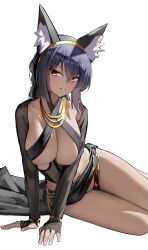 Rule 34 | 1girl, 3:, absurdres, animal ear fluff, animal ears, arm support, black hair, blue archive, blush, breasts, character request, chinese commentary, cleavage, closed mouth, clothing request, collarbone, commentary request, criss-cross halter, dark-skinned female, dark skin, eyes visible through hair, fox ears, frown, hair between eyes, hairband, halterneck, highres, large breasts, legs together, liwen520, looking at viewer, medium hair, simple background, sitting, sleeves past wrists, solo, thighs, tsurime, v-shaped eyebrows, white background, yellow eyes, yellow hairband, yokozuwari