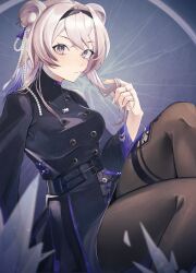 Rule 34 | 1girl, absurdres, animal ears, arknights, belt, black belt, black dress, black hairband, black pantyhose, blurry, breasts, closed mouth, commentary request, depth of field, dress, earrings, grey hair, hairband, hand up, highres, jewelry, large breasts, lin (arknights), long hair, long sleeves, looking at viewer, mouse ears, necklace, pantyhose, pearl hair ornament, playing with own hair, purple eyes, sakana-ko, solo, thigh strap