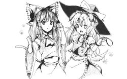 Rule 34 | 2girls, :d, animal ears, apron, arm around waist, ascot, bell, neck bell, blush, braid, breasts, cat ears, cat tail, collar, detached sleeves, dog ears, dog tail, expressionless, floppy ears, frilled shirt collar, frills, graphite (medium), greyscale, hair ribbon, hair tubes, hakurei reimu, hat, kemonomimi mode, kirisame marisa, leash, long hair, looking at viewer, midriff, monochrome, multiple girls, open mouth, paw pose, paw print, puffy short sleeves, puffy sleeves, ribbon, short sleeves, side-by-side, side braid, single braid, small breasts, smile, straight hair, tail, touhou, traditional media, vest, waist apron, witch hat, yururi nano