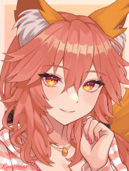 Rule 34 | 1girl, absurdres, animal ear fluff, animal ears, artist name, black hairband, blush, breasts, cleavage, closed mouth, collarbone, commentary request, eyelashes, fate/extra, fate/extra ccc, fate (series), fox ears, fox girl, fox tail, hair between eyes, hairband, highres, hood, hoodie, jewelry, lips, long hair, long sleeves, looking at viewer, low twintails, nail polish, necklace, pink hair, pink hoodie, pink nails, portrait, ranemiar, sidelocks, slit pupils, smile, solo, striped clothes, striped hoodie, tail, tamamo (fate), tamamo no mae (fate/extra), tamamo no mae (spring casual) (fate), twintails, yellow eyes