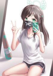 Rule 34 | 1girl, absurdres, airi (blue archive), baseball bat, black mask, black shorts, blue archive, brown hair, cellphone, dolphin shorts, green eyes, hair ornament, hairclip, halo, highres, holding, holding phone, long hair, looking at viewer, mask, mouth mask, open mouth, paint splatter, phone, shira jun, shirt, shorts, sitting, smartphone, smile, solo, w, white shirt