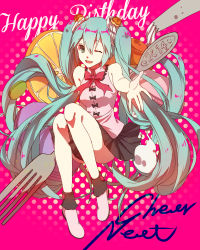 Rule 34 | 10s, 1girl, 2014, bow, bowtie, food, fork, fruit, green eyes, green hair, happy birthday, hatsune miku, highres, iamcheer, long hair, matching hair/eyes, one eye closed, open mouth, outstretched arm, polka dot, polka dot background, skirt, solo, twintails, very long hair, vocaloid