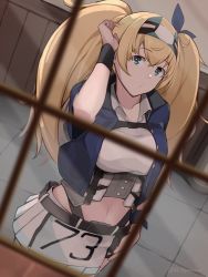 Rule 34 | 1girl, befu, blonde hair, blue eyes, blue shirt, blurry, breasts, cowboy shot, cropped jacket, depth of field, dutch angle, gambier bay (kancolle), gambier bay mk ii (kancolle), hairband, highres, kantai collection, large breasts, long hair, looking at viewer, midriff, pleated skirt, shirt, skirt, solo, twintails, window